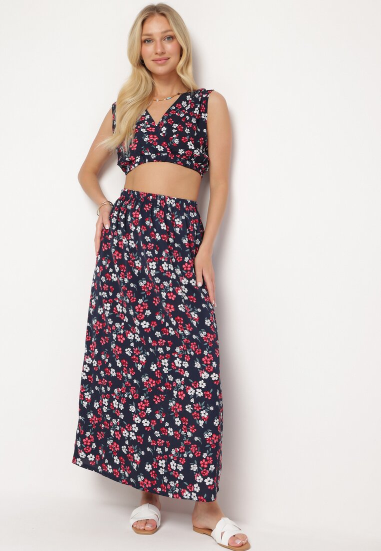 Compleu din două piese bleu-marin și roșu cu imprimeu floral, top cu bretele, fustă cu elastic în talie Dimantia