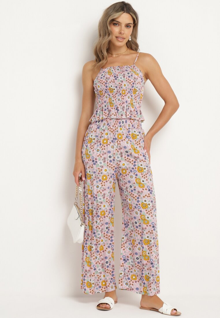 Set Roz-Violet din Bumbac Top cu bretele cu Volane Pantaloni cu elastic în talie Elaruth