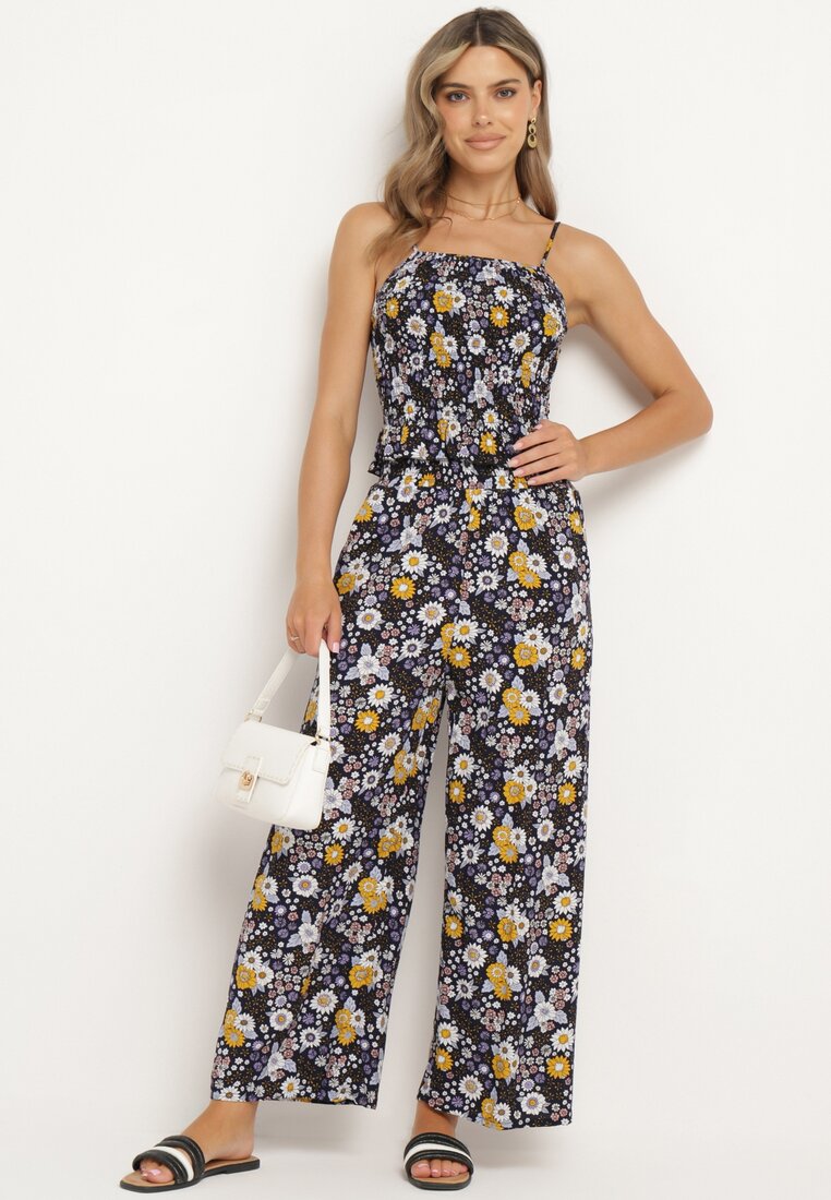 Compleu bleumarin din bumbac Top cu bretele cu încrețituri Pantaloni cu elastic în talie Elaruth