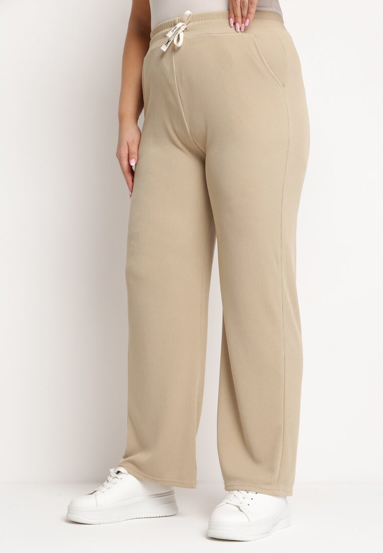 Pantaloni Bej Drepti Lati cu elastic în talie și talie înaltă Trantia