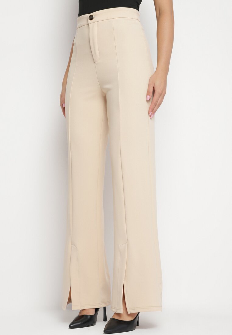 Pantaloni largi bej cu talie înaltă și vâscoză cu fante decorative la tiv Xolea