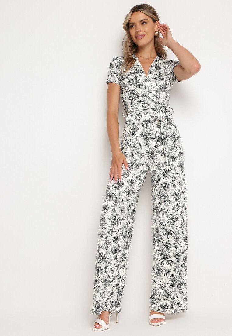 Salopetă Alb-Negru cu Imprimeu Floral cu Mânecă Scurtă și Decolteu în V cu Pantaloni Lungi Nestaanne