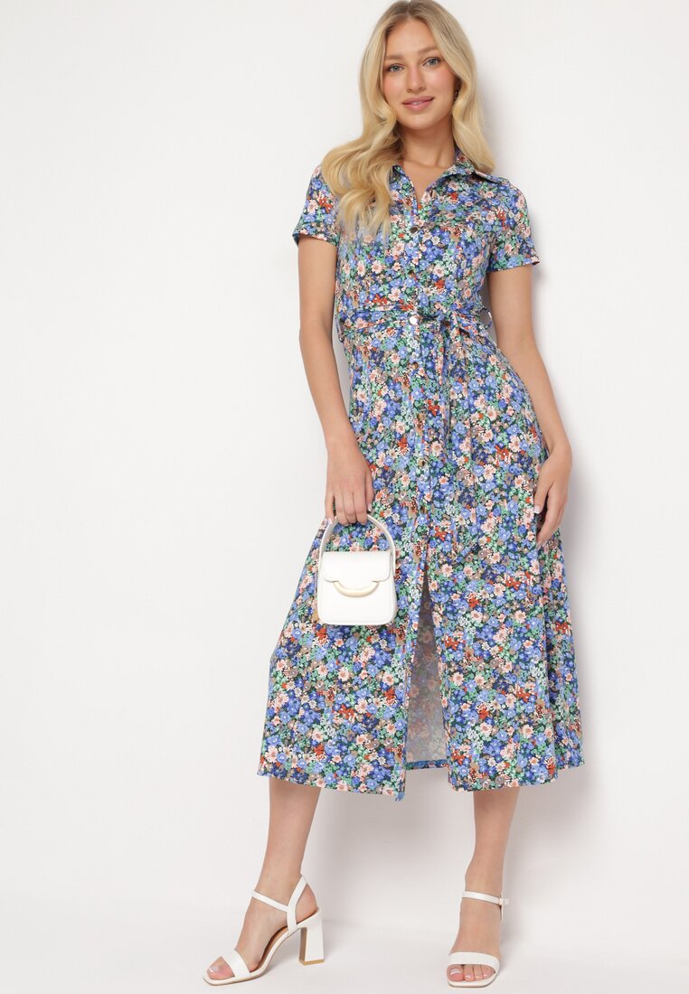 Rochie cămașă albastră cu mânecă scurtă și viscoză cu nasturi cu cordon din material Dimiata
