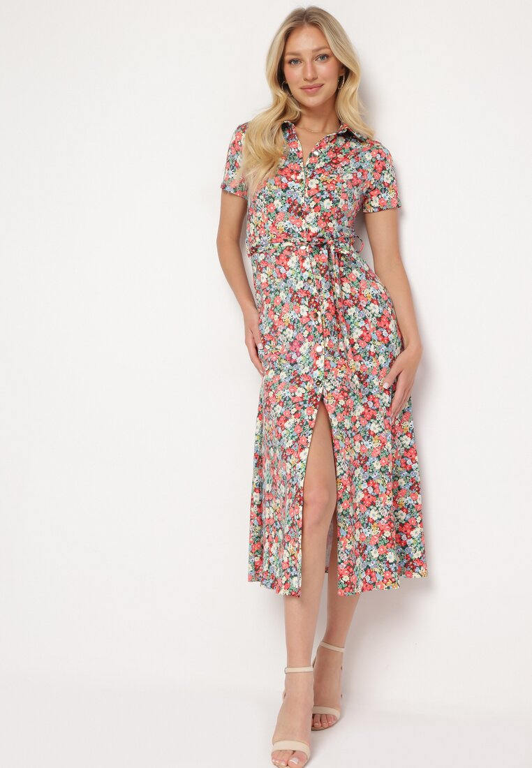 Rochie tip cămașă Roșie-Verde cu Mânecă Scurtă și Viscoză cu nasturi cu Cordon din Material Dimiata