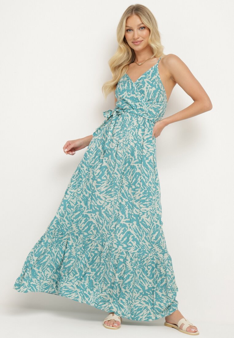 Rochie Albastră deschisă din Viscoză cu Bretele cu Elastic în Talie și Curea din Material Stralia