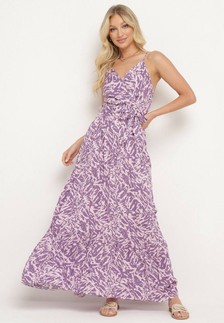 Rochie Fiolet din Viscoză cu bretele cu elastic în talie și curea din material Stralia