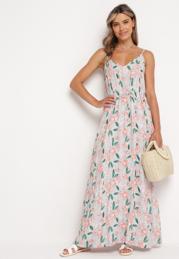 Rochie Verde deschis din Vâscoză cu Bretele Reglabile cu Elastic Florală Zopolia