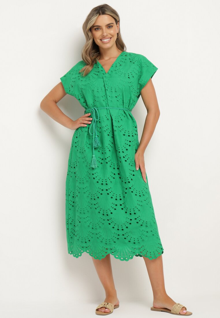 Rochie Verde din Bumbac Decorată cu Broderie cu Mânecă Scurtă și Curea din Material Dimisha