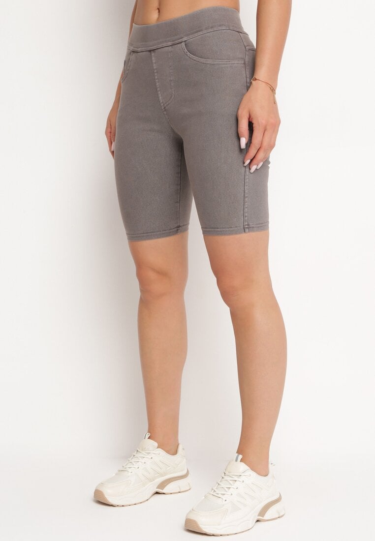 Pantaloni scurți bej închis din denim cu elastic în talie și talie înaltă Kivolia