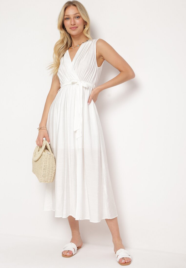 Rochie Albă Cloș cu Viscoză, Decolteu petrecut și Curea din material în talie Jenvia