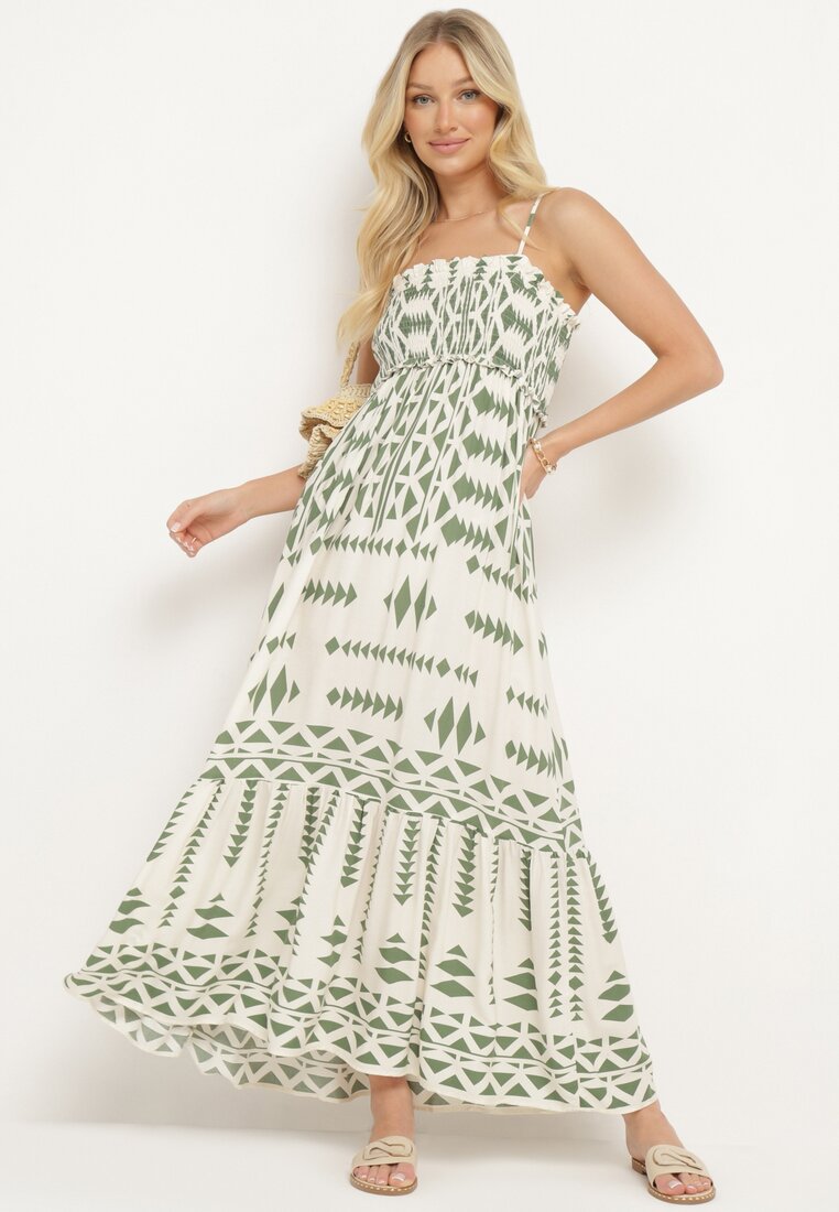 Rochie Bej-Verde Din Viscoză Încrețită Cu Bretele Ajustabile Cu Volan Dwalea