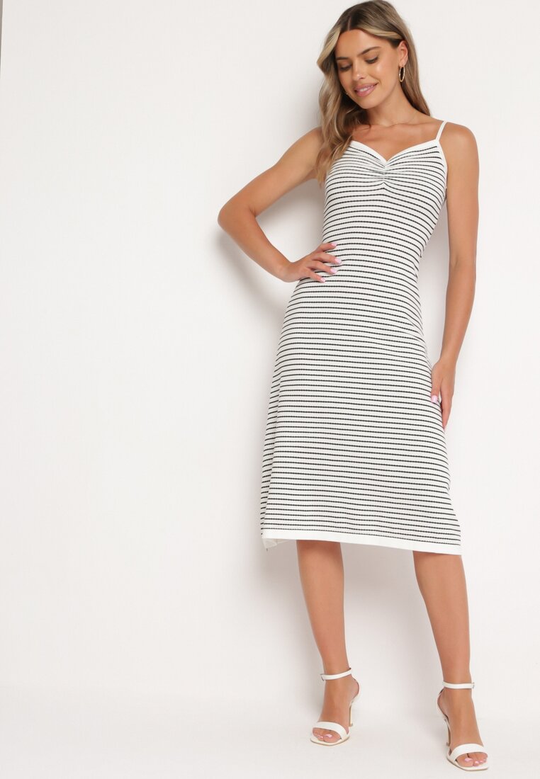 Rochie Alb-negru cu bretele reglabile cu decolteu încrețit în dungi Fialea