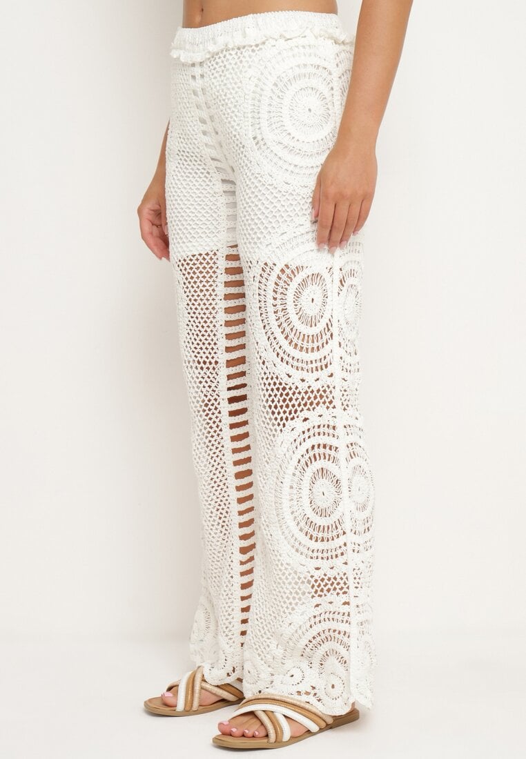 Pantaloni Albi Largi cu Talie Înaltă din Țesătură Brodată cu Elastic în Talie Delnesta