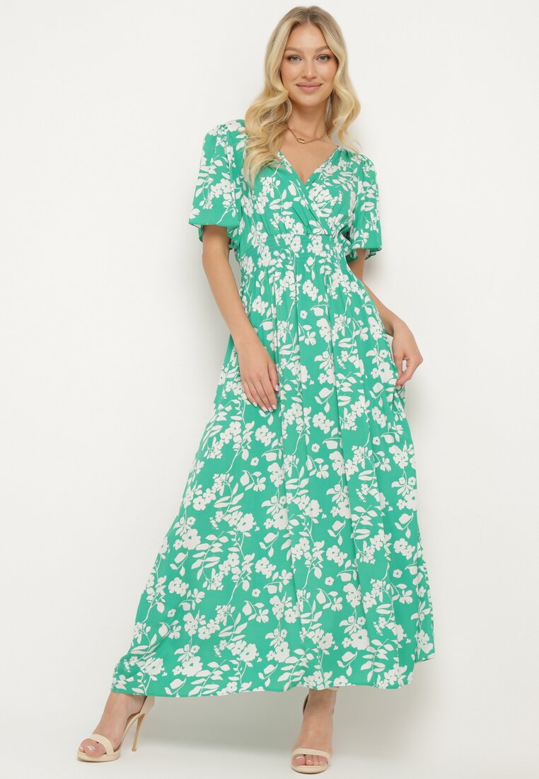 Rochie Maxi Verde închis Din vâscoză cu elastic în talie și decolteu petrecut Olemenia