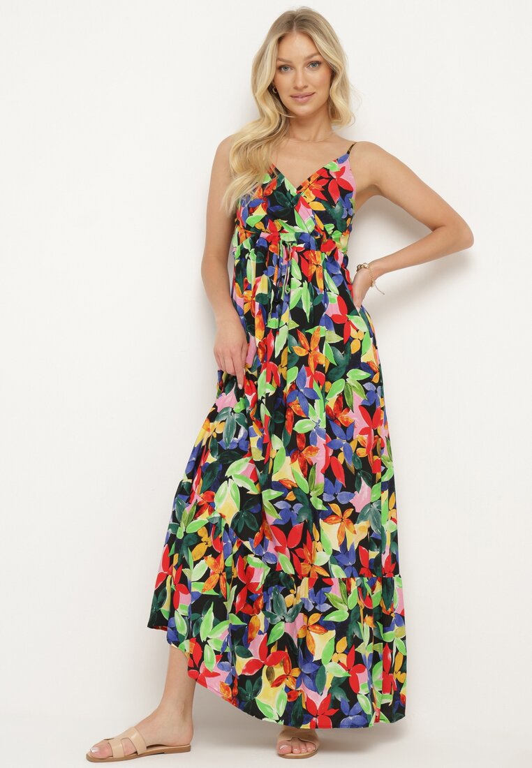 Rochie Negru-Verde din vâscoză cu bretele, cu decolteu petrecut și elastic în talie cu Tiamalen