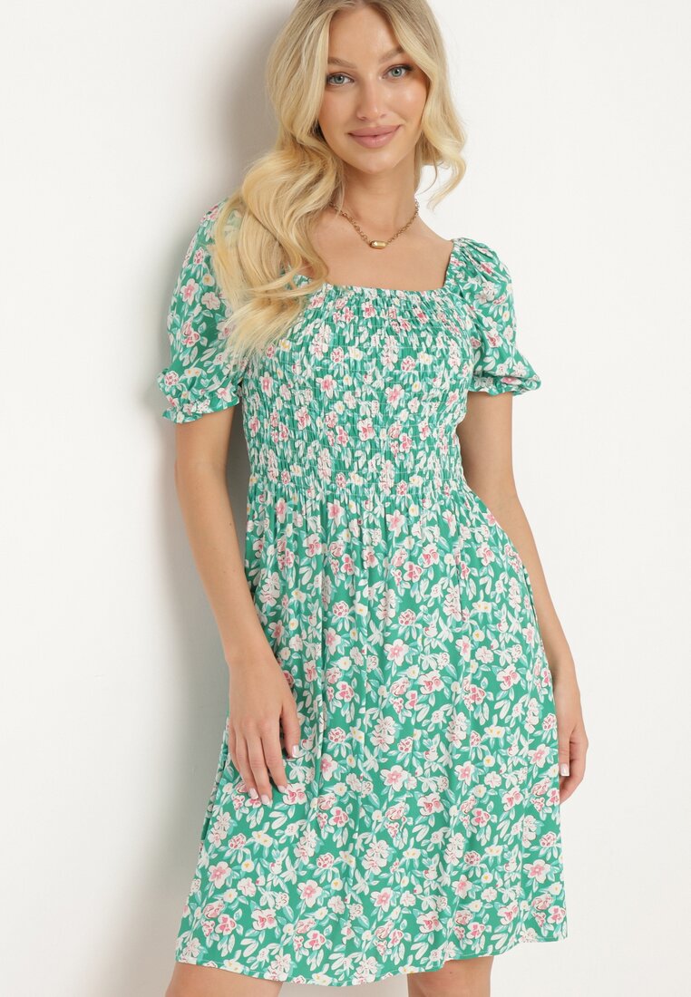 Rochie Verde Vâscoză Spagnolă cu Croi Evazat și Decolteu Încrețit Otlea