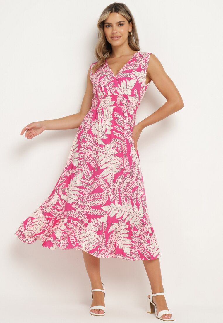 Rochie Fucsia din viscoză cu croială evazată, cu elastic în talie și decolteu în V Denesta