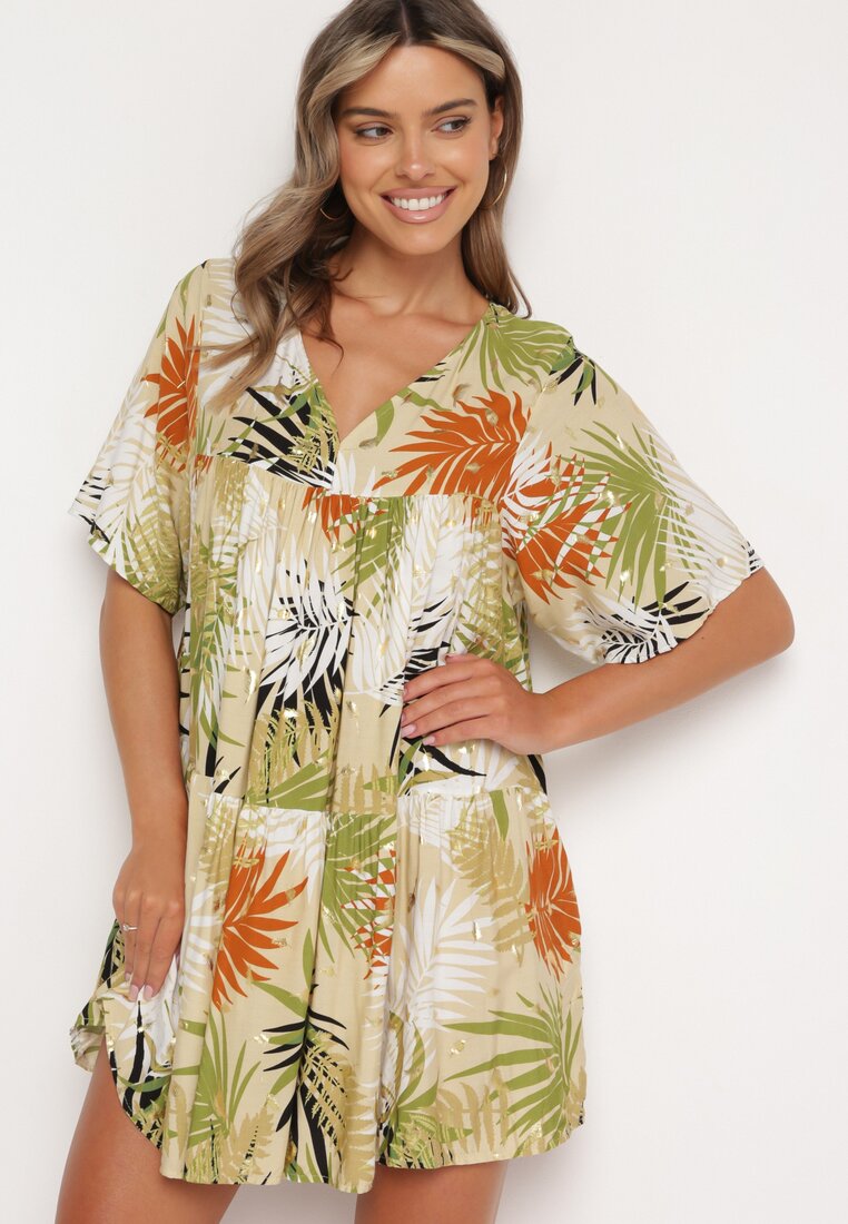 Rochie Alb-Portocalie Cloș cu Decolteu în V și Volan Tiamaria