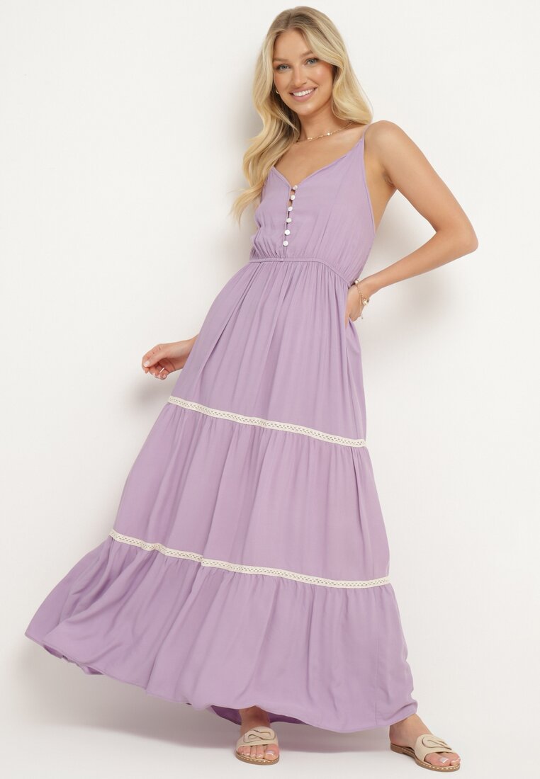 Rochie mov cu bretele cu elastic în talie închisă cu nasturi cu volan și broderie Tiamavita