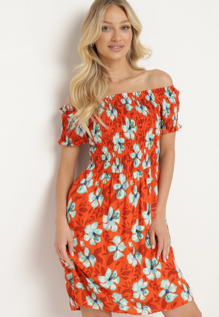 Rochie Portocalie Decolteu Bardot Florală cu Fustă Cloș și Elastic în Talie Ellimesa