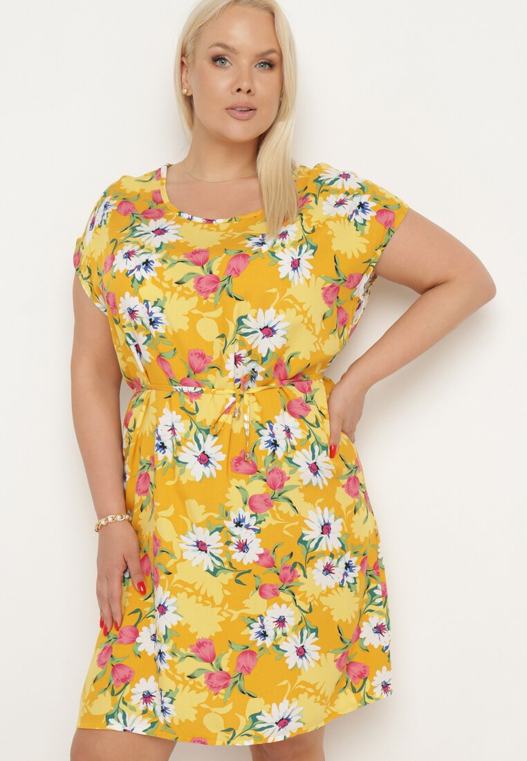 Rochie Galbenă Viscoză Florală cu curea textilă în talie Aristina