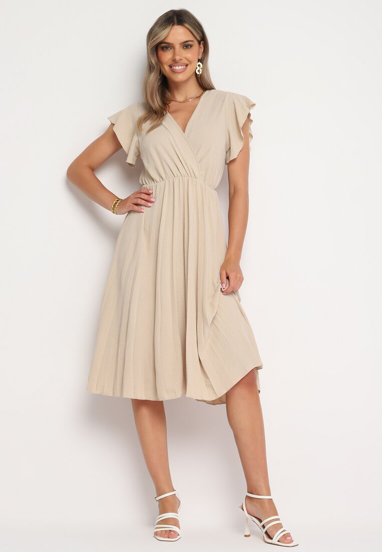 Rochie Bej Plisată cu Decolteu Tip Plic și Elastic în Talie Waretta