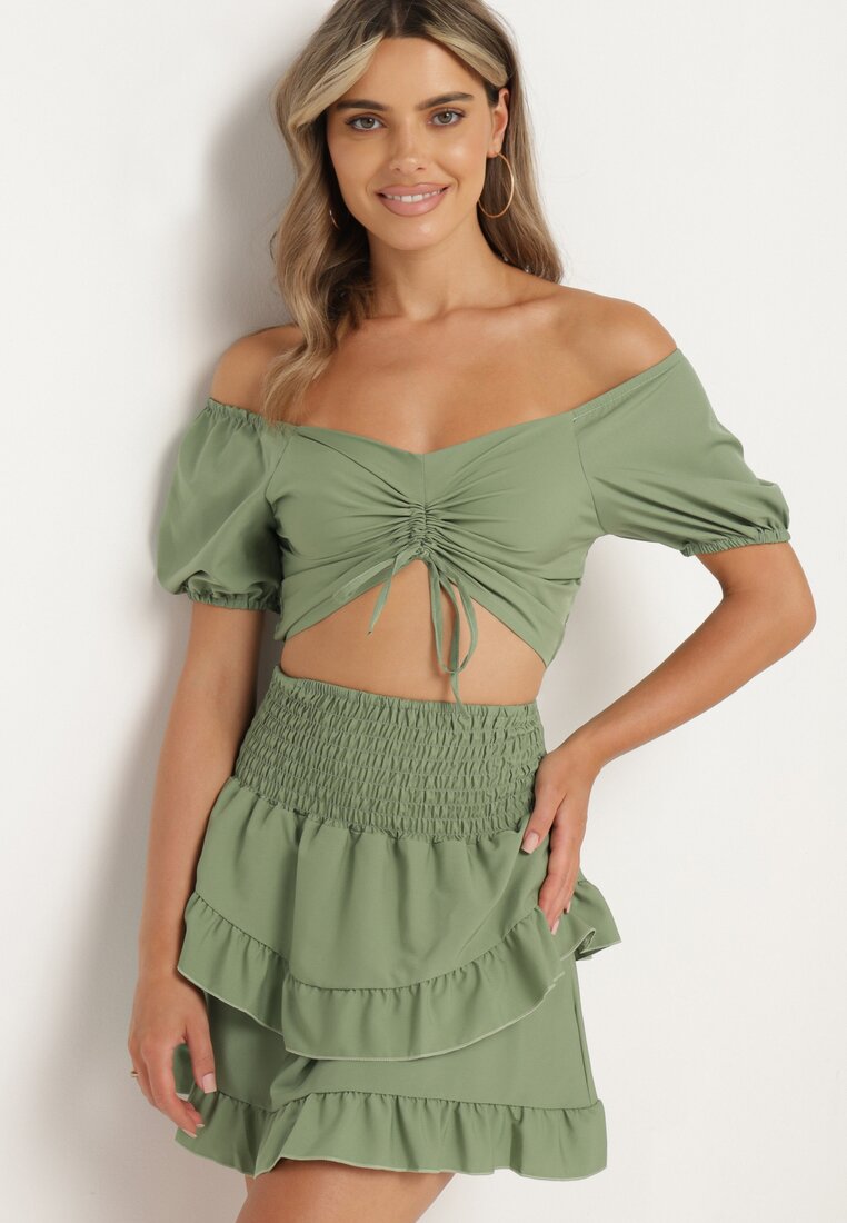 Set Verde din Bumbac Bluză tip Carmen cu Mâneci Bufante Fustă cu Elastic în Talie Testarae