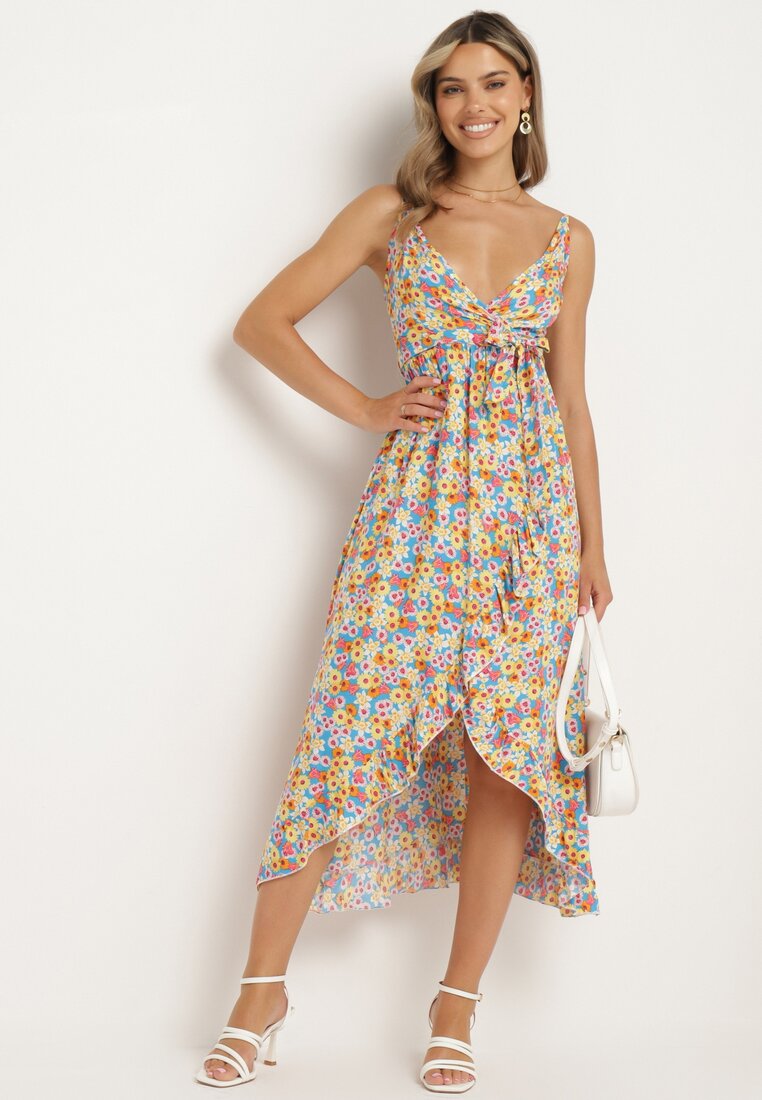 Rochie Galbenă de Bumbac cu bretele cu decolteu petrecut și șliț asimetric Xiloa