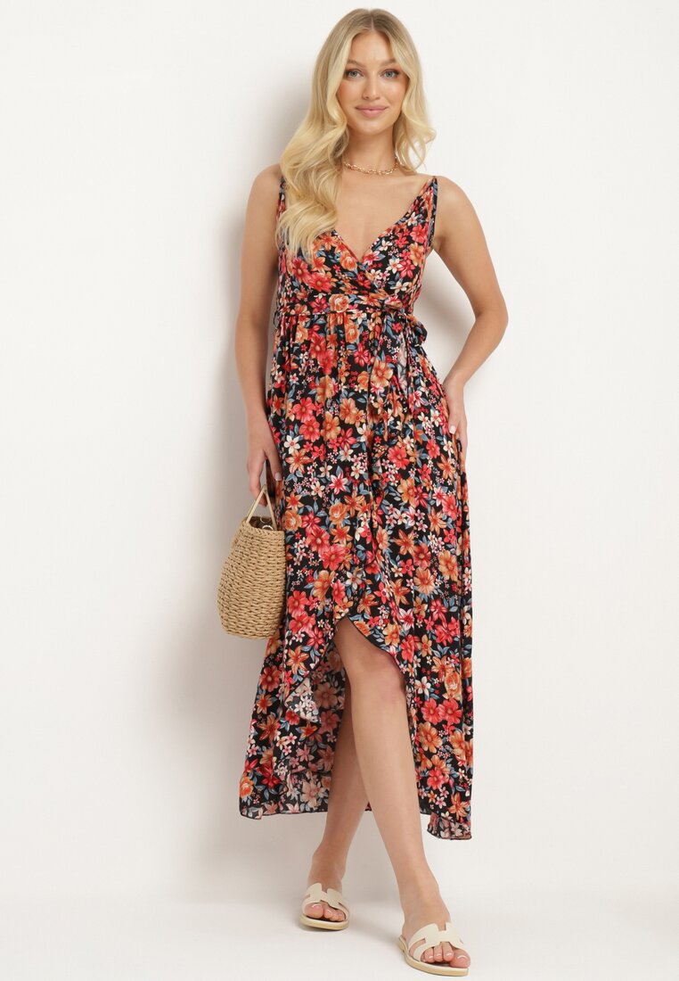 Rochie Negru-Portocalie din bumbac petrecută cu bretele subțiri cu imprimeu floral Rissamira