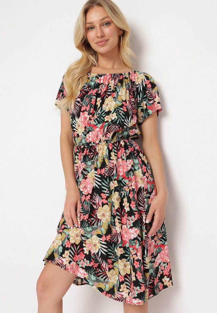 Rochie Negru-Roz din Bumbac cu Imprimeu Floral, Croială Ușor Evazată Dimivias