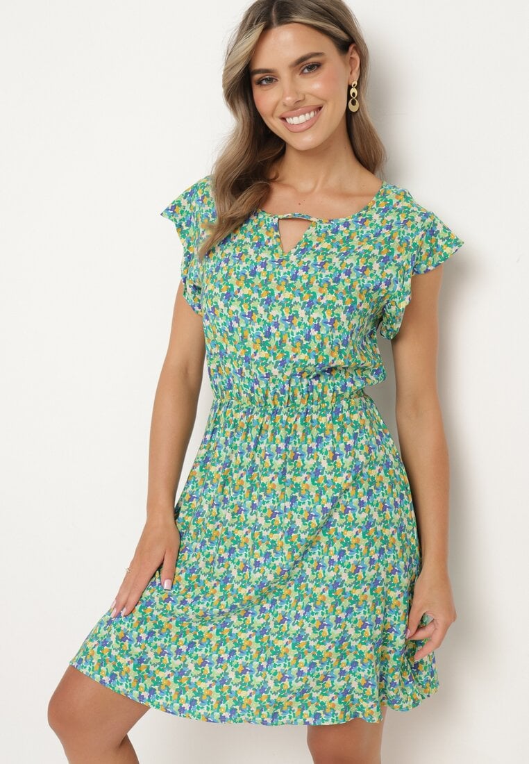 Rochie Verde de Bumbac cu imprimeu floral cu elastic în talie și volan Dimllara