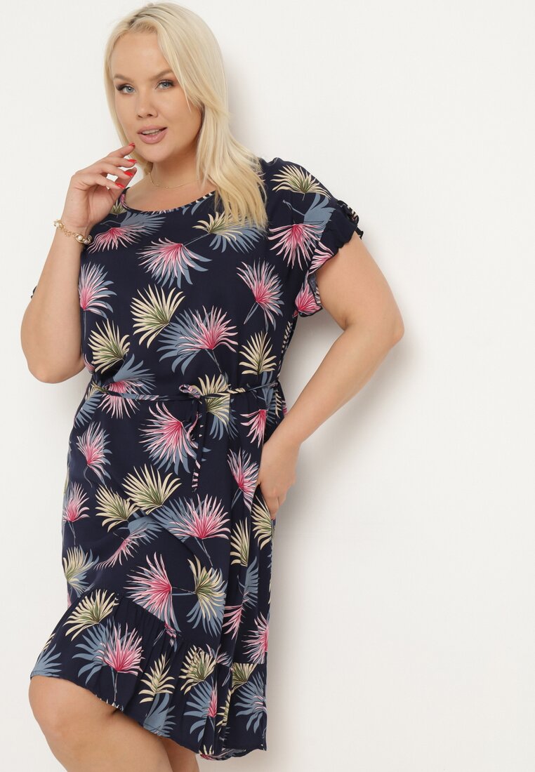 Rochie bleumarin-roz din bumbac cu motiv floral și legătură în talie Rissani