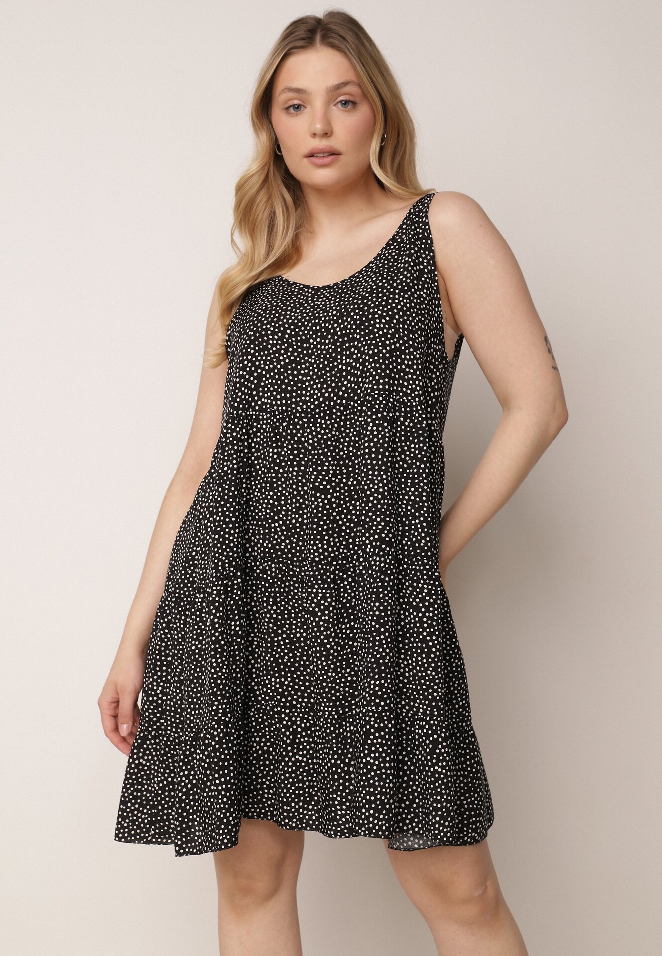 Rochie Alb-Negru Evazată Din bumbac Pe bretele Cu volane Tesly