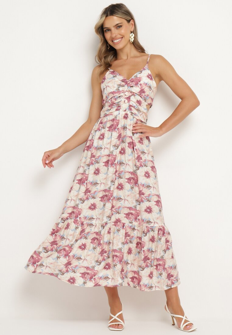 Rochie mov deschis florală cu bretele reglabile, cu șlițuri și nasturi decorativi Dimllie