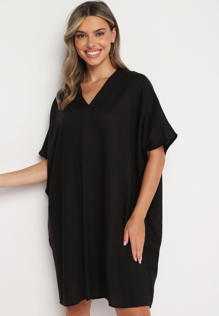 Rochie Neagră din Bumbac cu Croială Dreaptă cu Decolteu în V Vikonia