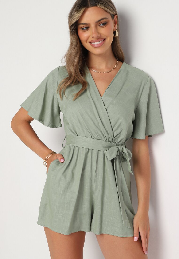 Salopetă din bumbac verde închis cu decolteu petrecut și curea din material în talie Viklie