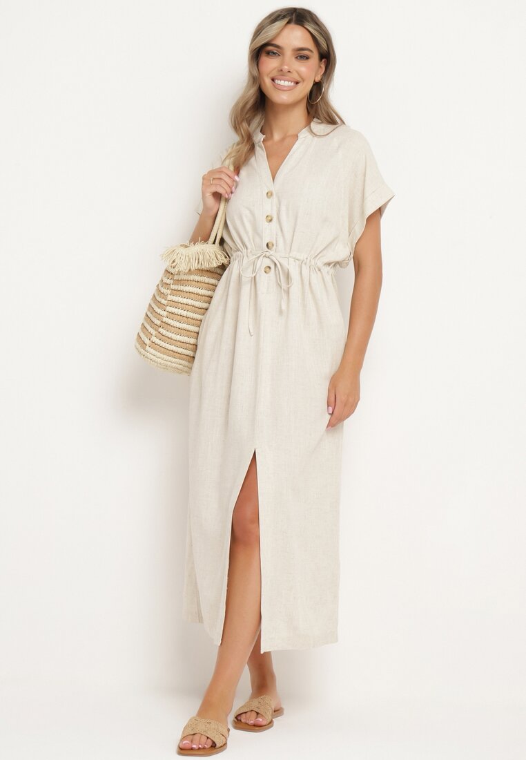 Rochie din bumbac bej cu partea de sus tip cămașă și șnur în talie Vikleta