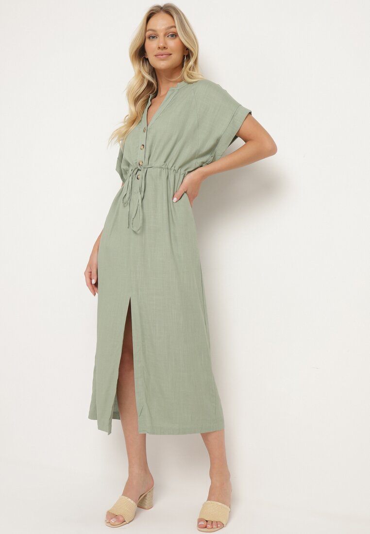 Rochie Verde din Bumbac cu Partea Superioară Tip Cămașă și Elastic în Talie Vikleta