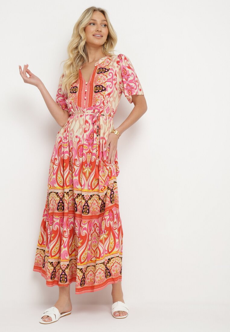 Rochie Roșie Din viscoză Boho Cu nasturi Cu curea din material în talie Dimovana