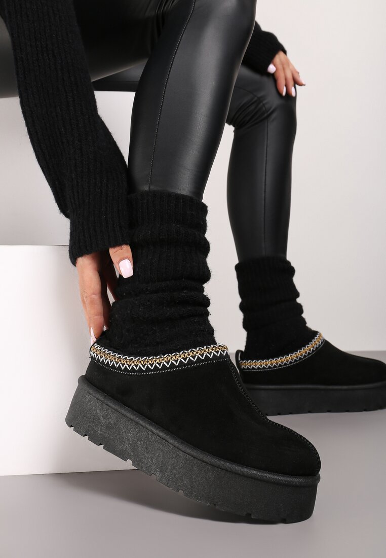 Ghete de zăpadă Negre Slip-on cu Talpă Groasă cu Ornament Brodat Irinellae