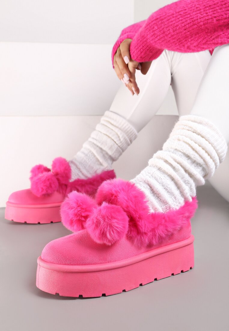 Cizme de zăpadă Fucsia cu talpă groasă, cu blană artificială și pompoane Irissaure