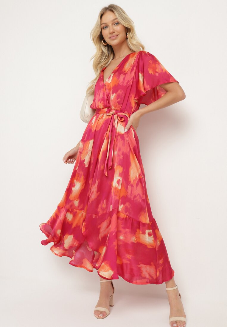 Rochie Fuchsia-Portocalie cu decolteu petrecut cu cordon textil și elastic în talie Vikiama