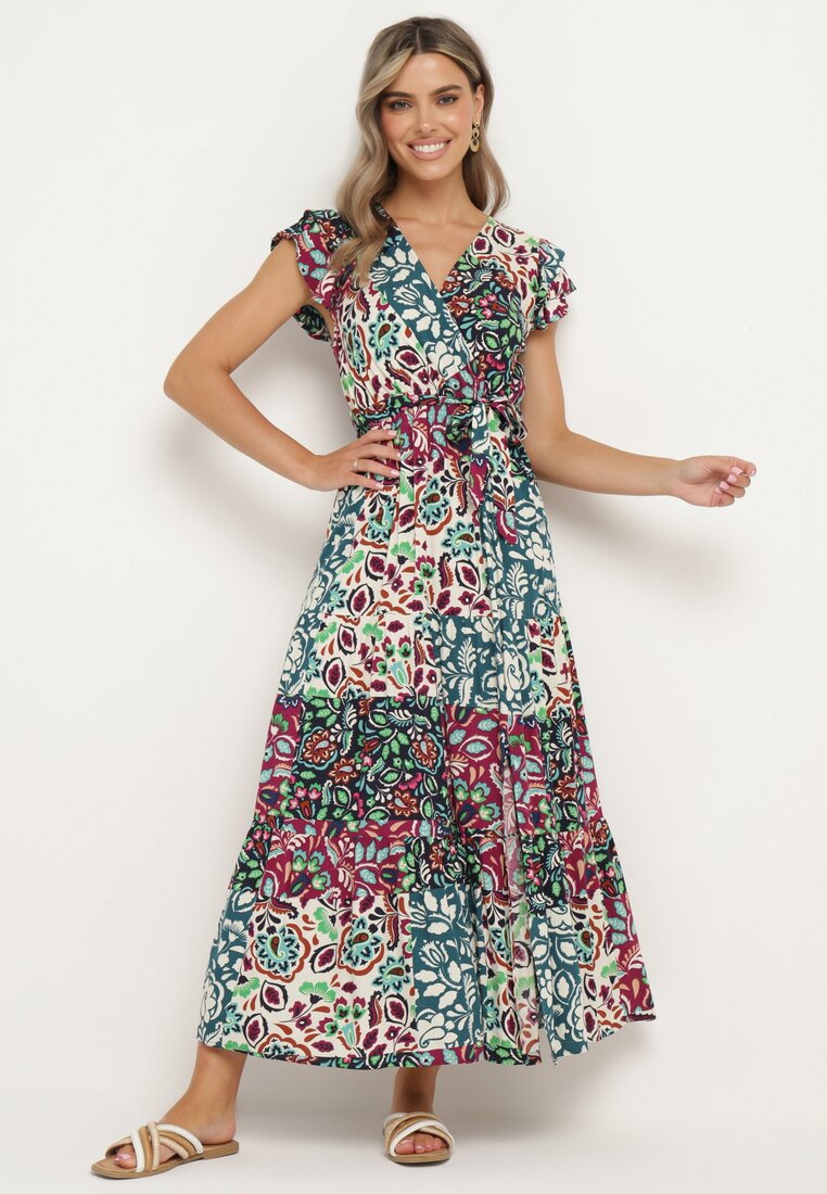 Rochie Vâscoză Mov-Albastră cu Elastic în Talie și Curea din Material în Talie Dimollia