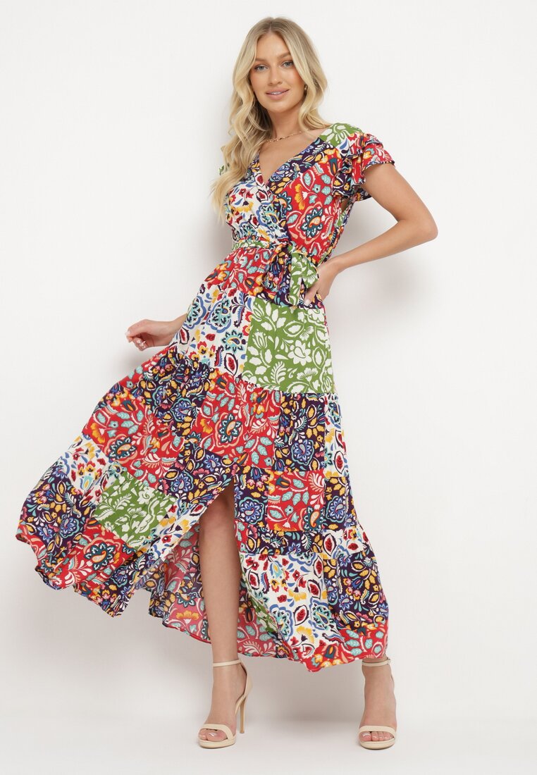 Rochie din vâscoză Roșu-Verde cu elastic în talie și curea din material în talie Dimollia