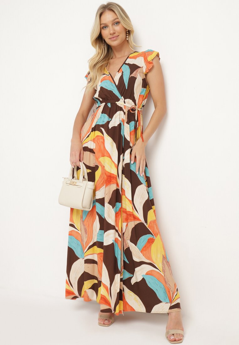 Rochie Portocaliu-Maro cu decolteu petrecut, cu elastic în talie și cordon textil cu șliț Davetta