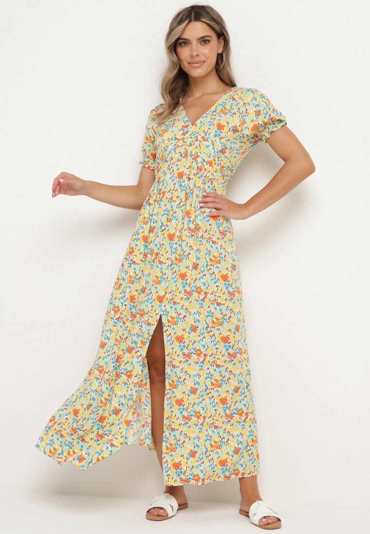 Rochie Portocalie-Albastră Cloș din Viscoză cu Elastic în Talie și Crăpătură pe Picior Missani