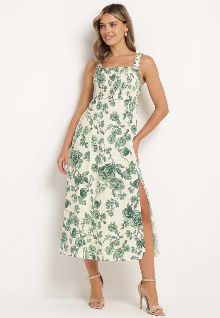 Rochie din bumbac Verde-Albă cu bretele late cu șliț pe picior și elastic în talie Dimrrose