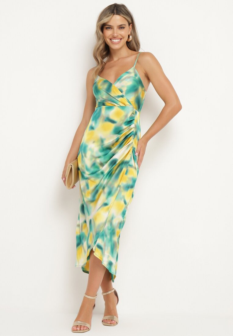 Rochie Verde-Galbenă de satin cu bretele, cu decolteu petrecut și volane decorative Vikani