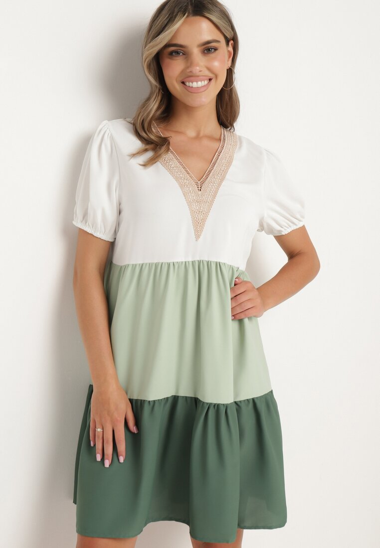 Rochie cutie bej-verde cu broderie la decolteu Moetta