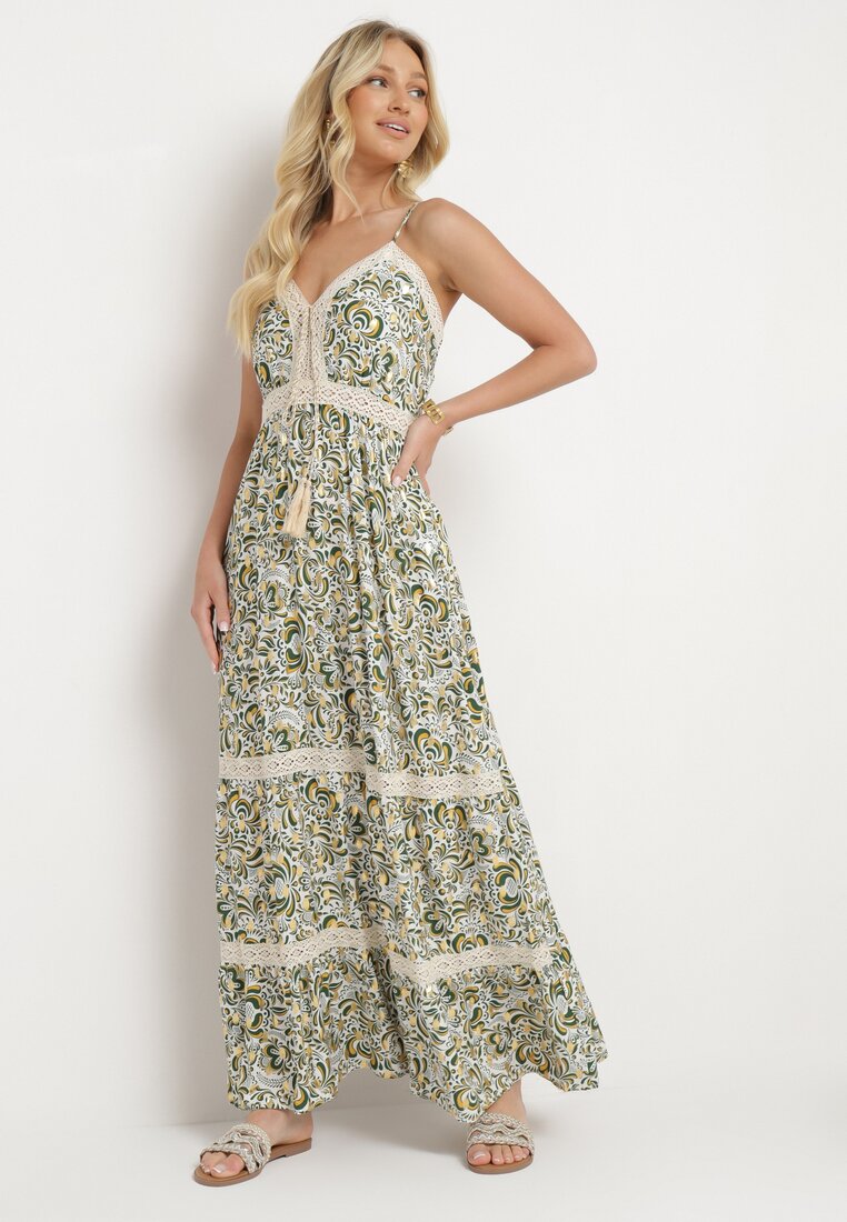 Rochie Verde-Bej Evazată din Bumbac cu Bretele Subțiri, cu Elastic în Talie și Broderie Xuretta